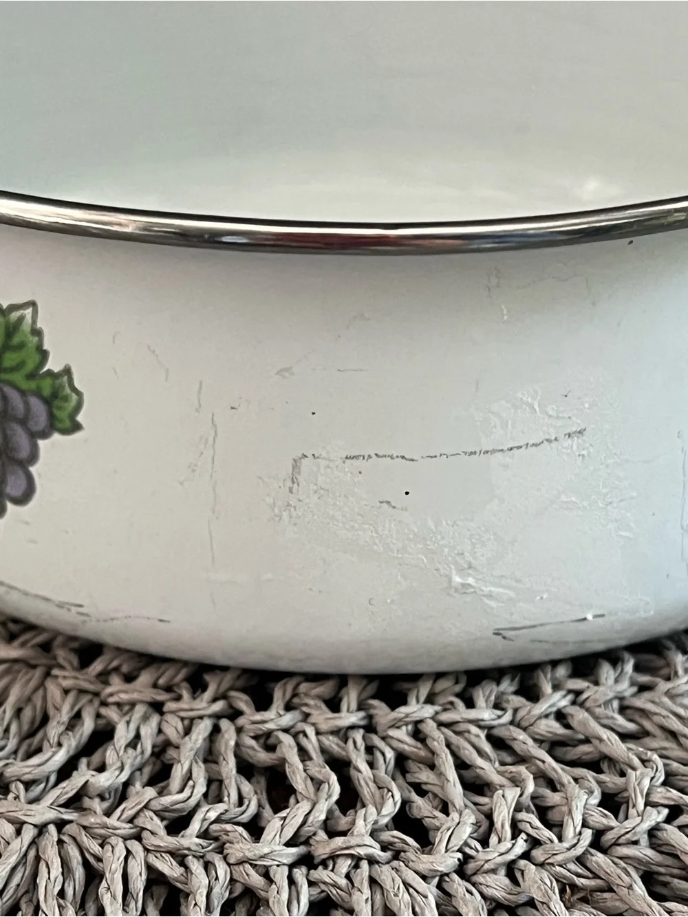 Vintage White Enamel Fruit-Print Bowl apples cottage core granny decor